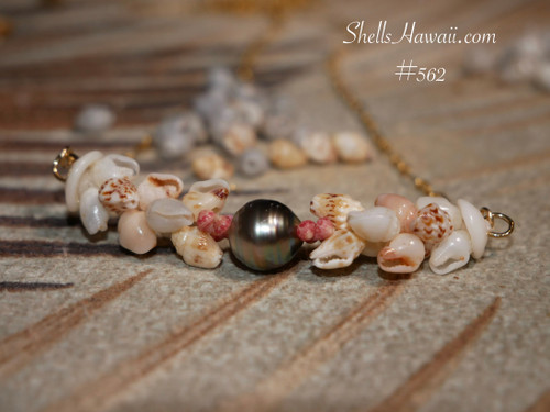 Delicate Hawaiian shell necklace featuring peach blossom tone Momi shells from Kauaʻi and pink Kahelelani shells, fine seashell jewelry