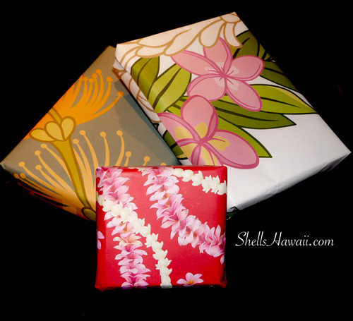 Tropical print gift wrap thumbnail featuring Hawaiian floral patterns, used as a special Hawaiian gift wrap option for meaningful gifts, birthday gifts, and jewelry orders selected at checkout.