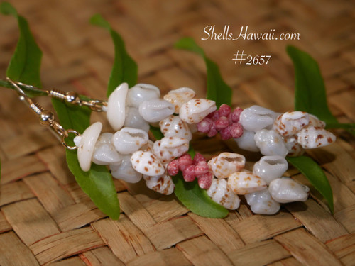 nier_2657
Kipona style Niʻihau shell earrings made with rare blue Momi shells and pink Kahelelani shells, handcrafted Hawaiian shell jewelry