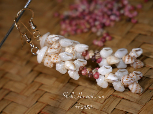 nier_2658
Kipona style Niʻihau shell earrings made with brown spotted Momi shells and Kahelelani shells, authentic Hawaiian shell jewelry