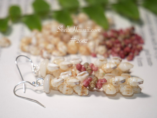 Kipona earrings featuring momi shells and kahelelani accents, handmade Niʻihau shell jewelry from Hawaii