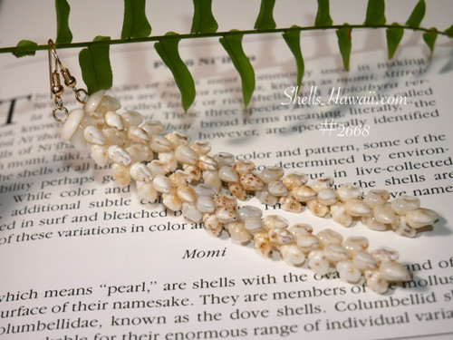 nier_2668
Pikake style Niʻihau shell earrings made with momi shells, long lightweight Hawaiian shell earrings for island style wear