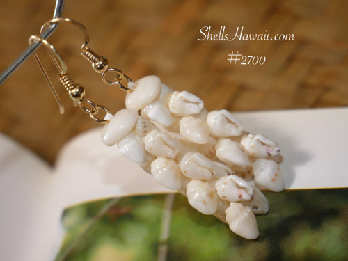 nier_2700
Delicate Pikake style Hawaiian shell earrings made with off white Momi shells from Niʻihau with natural brown speckled flecks