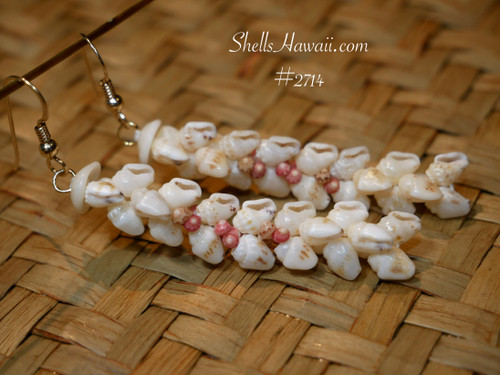 Niʻihau shell earrings in Kipona style made with Momi shells and Kahelelani flower accents, handmade Hawaiian shell jewelry, elegant island earrings, meaningful gift from Hawaiʻi
