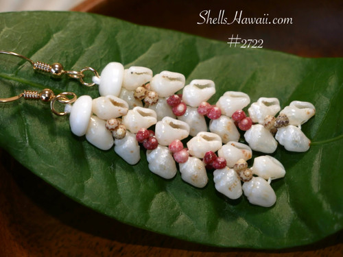 Traditional Niihau shell earrings in Heleconia style using off white Keʻokeʻo Momi shells with soft blue tint and pink and green Kahelelani shells, handmade Hawaiian jewelry