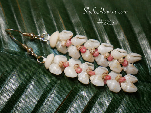 Hawaiian Niihau shell earrings featuring Momi shells with natural blue tint and colorful Kahelelani shell accents in pink ʻĀkala and green ʻŌmaʻomaʻo, Heleconia design