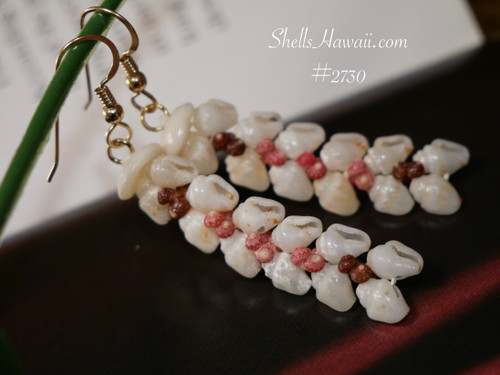 Hawaiian shell jewelry Heleconia flower style earrings with genuine Niʻihau Momi shells and pink and brown Kahelelani shell accents