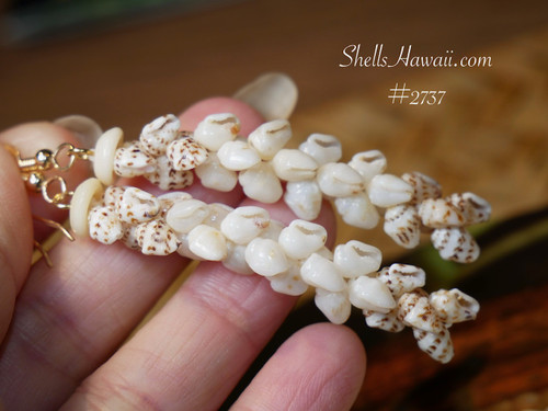 Authentic Niʻihau shell Pikake earrings featuring brown spotted and black spotted Momi shells with white Keʻokeʻo shells Hawaiian shell jewelry design