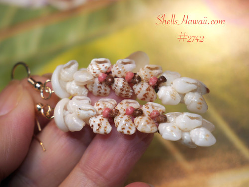authentic niihau shell pikake earrings with keʻokeʻo momi shells and brown spotted onikiniki pattern tropical hawaiian shell jewelry (ニイハウシェル)
