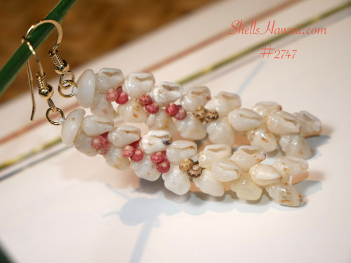 nier_2747
kipona niihau shell earrings with off white momi shells light blue undertone and green omaomaʻo and pink flower kahelelani accents hawaiian shell jewelry