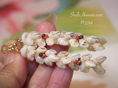 nier_2749
Niʻihau shell earrings Kipona style made with off white Momi shells and brown red rose pink flower Kahelelani accents Hawaiian shell jewelry ShellsHawaii