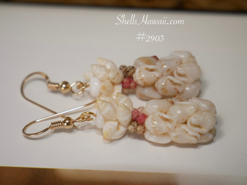 Niihau shell pineapple earrings handmade Hawaiian shell jewelry multicolor Kahelelani pink green brown white tones tropical dangle earrings