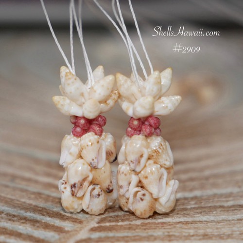 Niihau shell pineapple earrings handmade Hawaiian shell jewelry warm yellow speckled momi shells pink flower and soft yellow accents