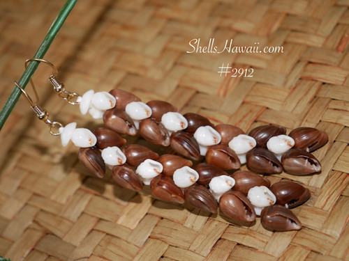Niihau shell heleconia earrings with deep brown poheho shells and white momi with red waha accents long statement earrings