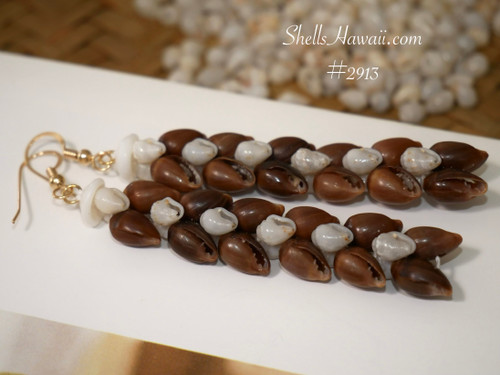 nier_2913
Hawaiian heleconia shell earrings handmade Kauai poheho and Niihau blue uliuli momi long cascading design