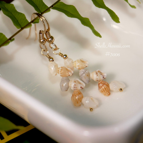 Minimalist Hawaiian shell earrings with Niihau shells in ivory beige gray and speckled patterns delicate drop jewelry