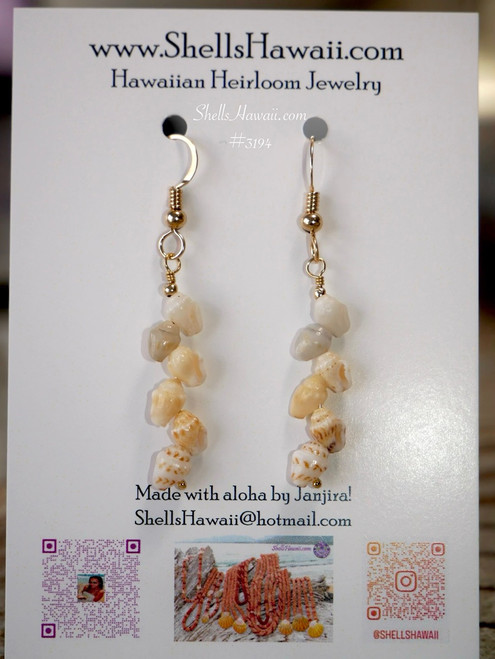 Niʻihau Momi shell earrings hanging on display card with 14k gold filled hooks, natural Hawaiian shell jewelry in soft neutral tones, simple meaningful island gift