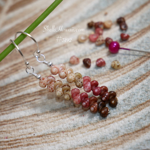 Niʻihau shell earrings hanging on green stem in minimalist drop style with ombré Kahelelani shells in black, brown, red burgundy, pink, green and keʻokeʻo tones, lightweight everyday Hawaiian jewelry