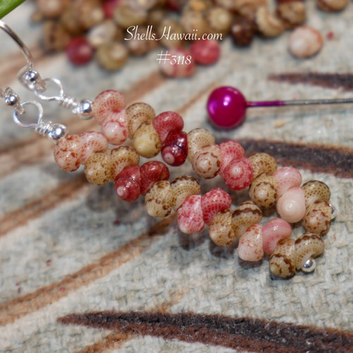 close up Niihau shell earrings Kahelelani shells green pink flower burgundy keokeo detailed minimalist Hawaiian jewelry