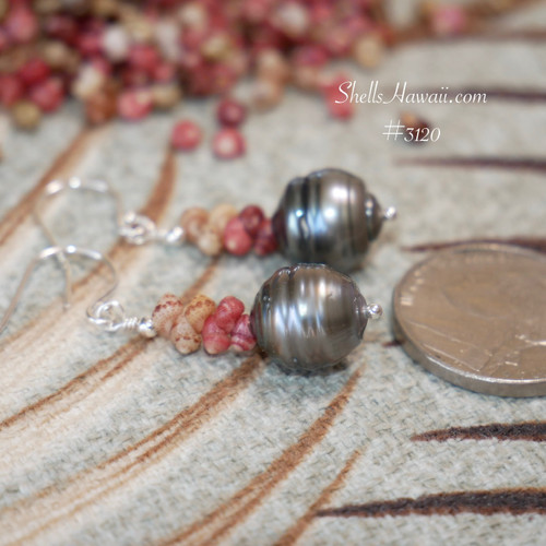 nier_3120
Minimalist Niihau Kahelelani shell earrings with Tahitian pearl dangle, burgundy pink green tiny shells, handmade Hawaiian style jewelry gift