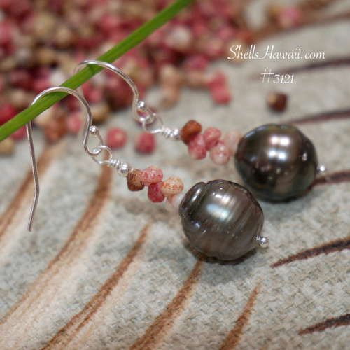 Dainty Niihau shell drop earrings with baroque Tahitian pearls, keokeo pink flower red burgundy and light brown Kahelelani shells