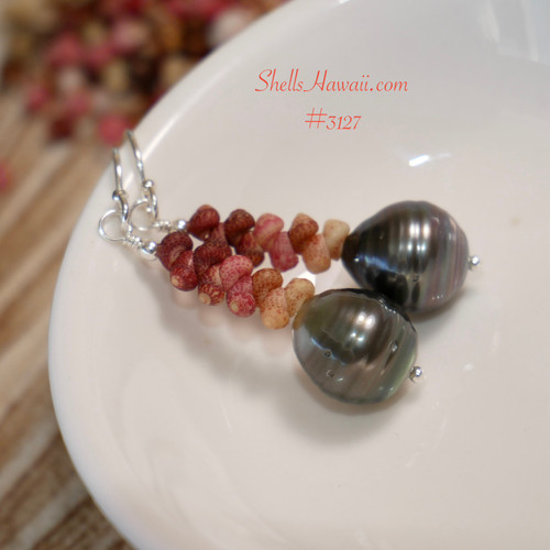 Close up Kahelelani shell pearl earrings, matte off white soft pink and burgundy shells with dark Tahitian pearls island style jewelry