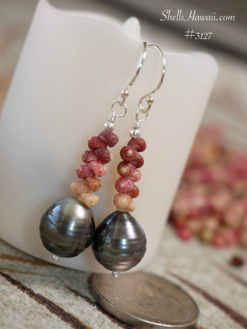 nier_3127
Kahelelani shell earrings hanging view showing drop length, matte off white pink and burgundy Kauai shells with Tahitian pearls