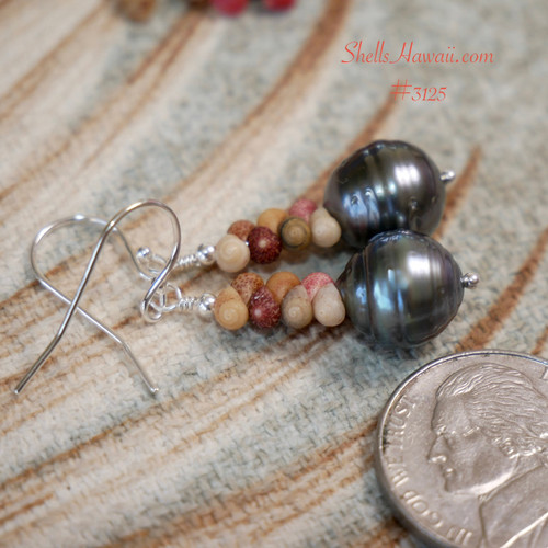 Kahelelani shell earrings with Tahitian pearls on coin showing size comparison and tiny Kauai shells in natural matte tones