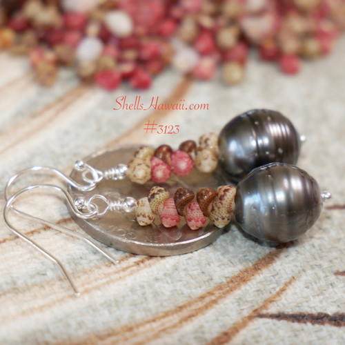 Kahelelani shell earrings with Tahitian pearls on coin showing size comparison and tiny Niihau shells in natural earthy colors