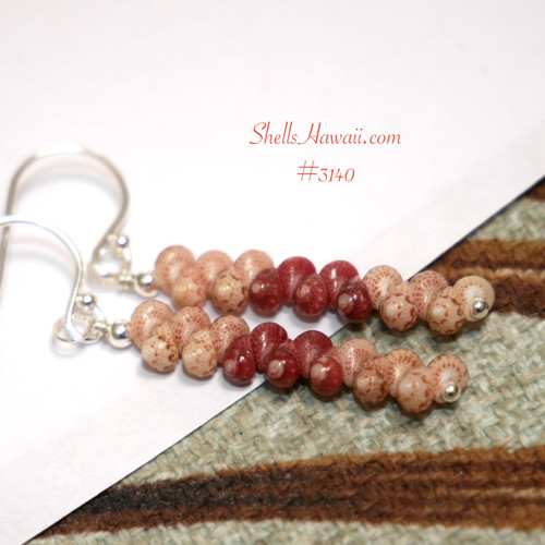 nier_3140
Minimalist Kahelelani shell earrings made with shells from Niihau in keokeo and burgundy, dainty lightweight Hawaiian jewelry on white background