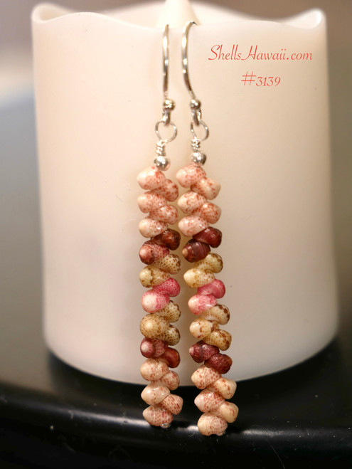 Kahelelani shell earrings made with shells from Kauai and Niihau in light natural brown, burgundy, pink and green long minimalist island style jewelry