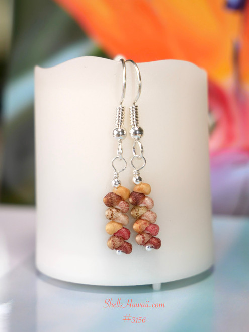 Detailed view of Kauai Kahelelani shells in chocolate, pink, orange, light green and burgundy tones used in minimalist earrings – one-of-a-kind anniversary gift Hawaii shell jewelry gift for her – meaningful Hawaii jewelry for wife under $100