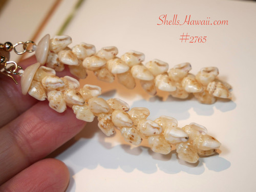Handmade Niihau shell Pikake earrings with shells from Niihau using light yellow lenalena momi shells ShellsHawaii