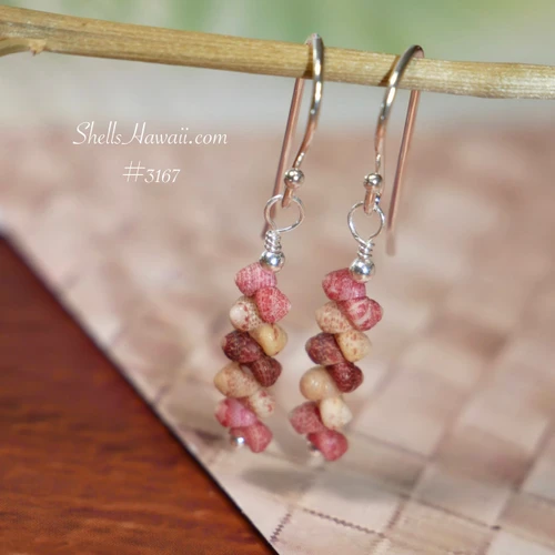 nier_3167
Hawaiian shell earrings with tiny Kahelelani shells from Kauai hanging on hook, mixed pink, cream and burgundy tones in simple drop style, small authentic Hawaii shell jewelry under $100