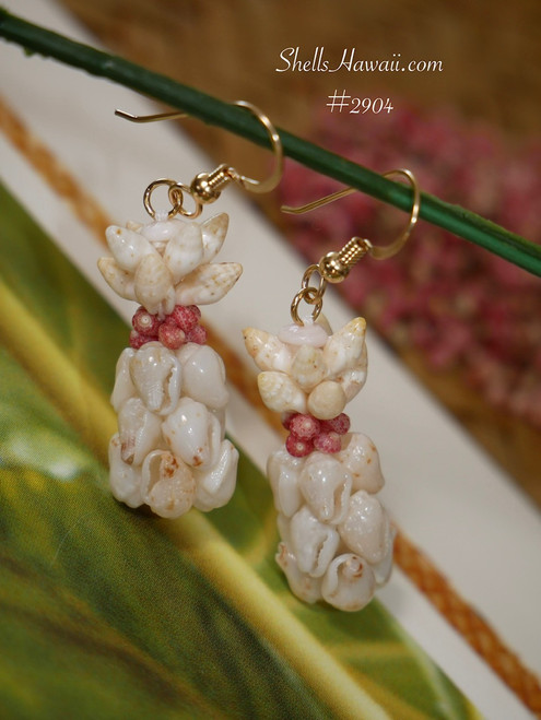 Niihau shell pineapple earrings handmade Hawaiian shell jewelry off white yellow and dark pink tones tropical dangle earrings gift for her