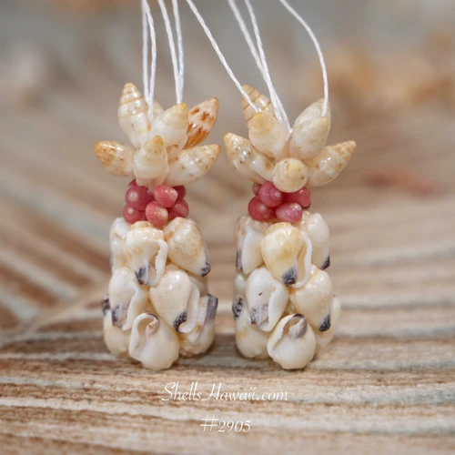 Niihau shell pineapple earrings handmade Hawaiian shell jewelry soft neutral momi shells black tip detail pink and yellow accents