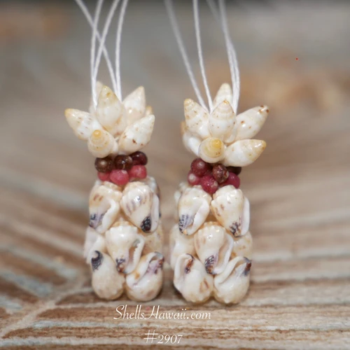 Niihau shell pineapple earrings warm cream momi shells with subtle yellow tone black waha off white laiki and red brown kahelelani