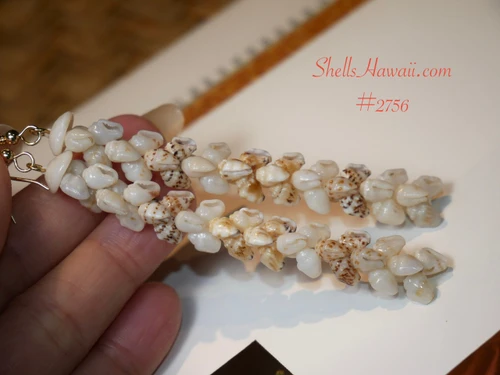 Niihau shell Pikake earrings 3 inch tropical Hawaiian seashell jewelry with off white light blue Uliuli momi yellow Lenalena and black spotted shells ShellsHawaii