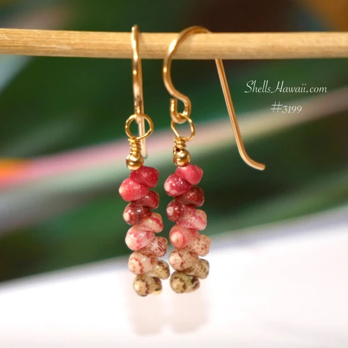 nier_3199
Colorful Hawaiian shell earrings made with tiny Kahelelani shells from Niʻihau, featuring mini Kahelelani shells in pink, red, burgundy, and natural tones, 3/4 inch minimalist drop style with 14k gold filled hooks.