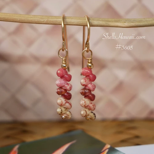 nier_3605
Handmade Hawaiian shell earrings hanging on display, crafted with small Kahelelani shells in green, keo'ke'o, pink and burgundy tones, lightweight modern island style earrings. Hawaiian shell earrings gift under $120