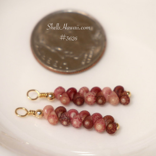 Kahelelani shell earrings from Kauai shown next to a coin for size comparison, light pink and burgundy tones, small Hawaiian shell earrings gift for her