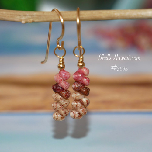 nier_3633
Handmade Niihau shell earrings minimalist style with colorful Kahelelani shells in pink, brown and light green tones, dainty Hawaiian shell jewelry gift under $100
