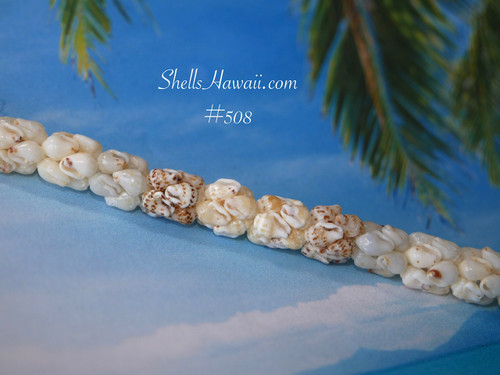 nibl_508
Traditional Niʻihau Momi shell bracelet in Crown Flower style displayed with tropical island-inspired background. Authentic Hawaiian shell jewelry bracelet featuring off white Keʻokeʻo, blue ʻŪliʻuli, spotted brown ʻŌnikiniki, and light yellow Lenalena shells.