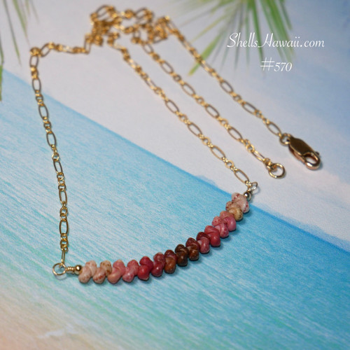 Close up Hawaiian shell necklace showing genuine Kahelelani shells from Niʻihau arranged in an ombre design with 14k gold filled Italian chain and lobster clasp. Shows soft color transition, shell quality, and fine minimalist workmanship.