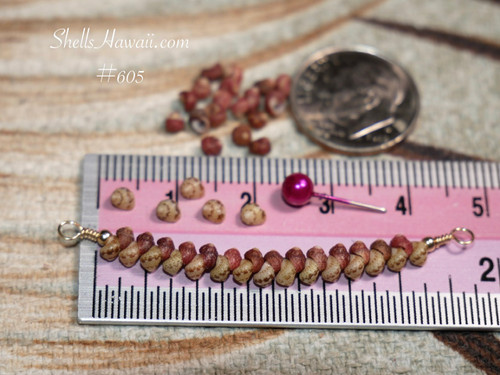 Genuine Kahelelani shell necklace from Niʻihau and Kauaʻi shown beside a ruler and coin for size reference featuring natural green and rich burgundy shell colors in a minimalist curved floating design.
