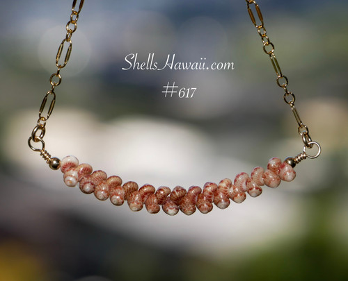 Hanging view of a minimalist Kahelelani shell necklace featuring a soft ombré chocolate color flow with creamy blush and warm brown Hawaiian shell tones, displayed naturally to showcase the curved floating design and handcrafted shell arrangement.