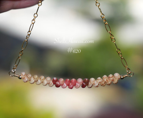 pd_620
Hanging view of a minimalist Kahelelani shell necklace displaying a soft blend of light green, soft pink, red, and burgundy red shells arranged in a curved floating design that showcases the delicate handcrafted Hawaiian shell pattern and workmanship.