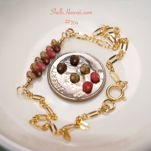 Authentic Niʻihau shell bracelet displayed beside a dime on a white dish showing the tiny scale and natural beauty of genuine Kahelelani shells in ʻōmaʻomaʻo green, brown, and pink flower tones accented with 14k gold filled chain. Delicate handcrafted Hawaiian shell jewelry with elegant minimalist island style.