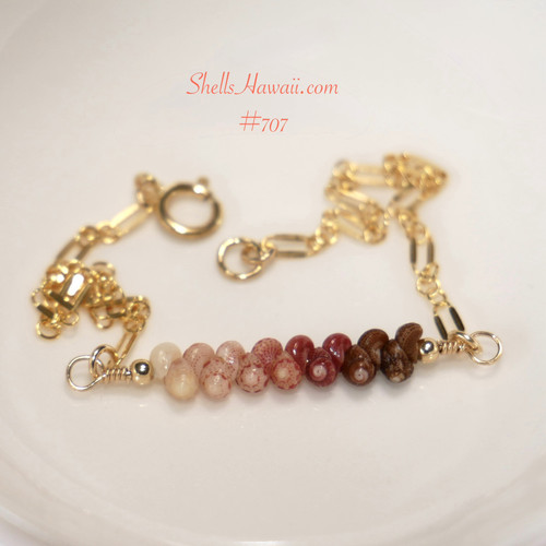 Authentic Niʻihau shell bracelet displayed on a white dish featuring genuine Kahelelani shells arranged in an ombré blend of mākuʻe brown, ʻulaʻula red burgundy, ʻākala pink, and keʻokeʻo off white tones accented with delicate gold filled chain. Elegant handcrafted Hawaiian shell jewelry with refined minimalist island style.