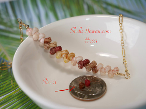 PD_723
Rare Hawaiian shell necklace displayed on tropical palm background featuring size 15 Kahelelani shells from Niʻihau in creamy off white, kamoa yellow, green, and rich burgundy colors with elegant floating shell design and delicate gold filled chain.